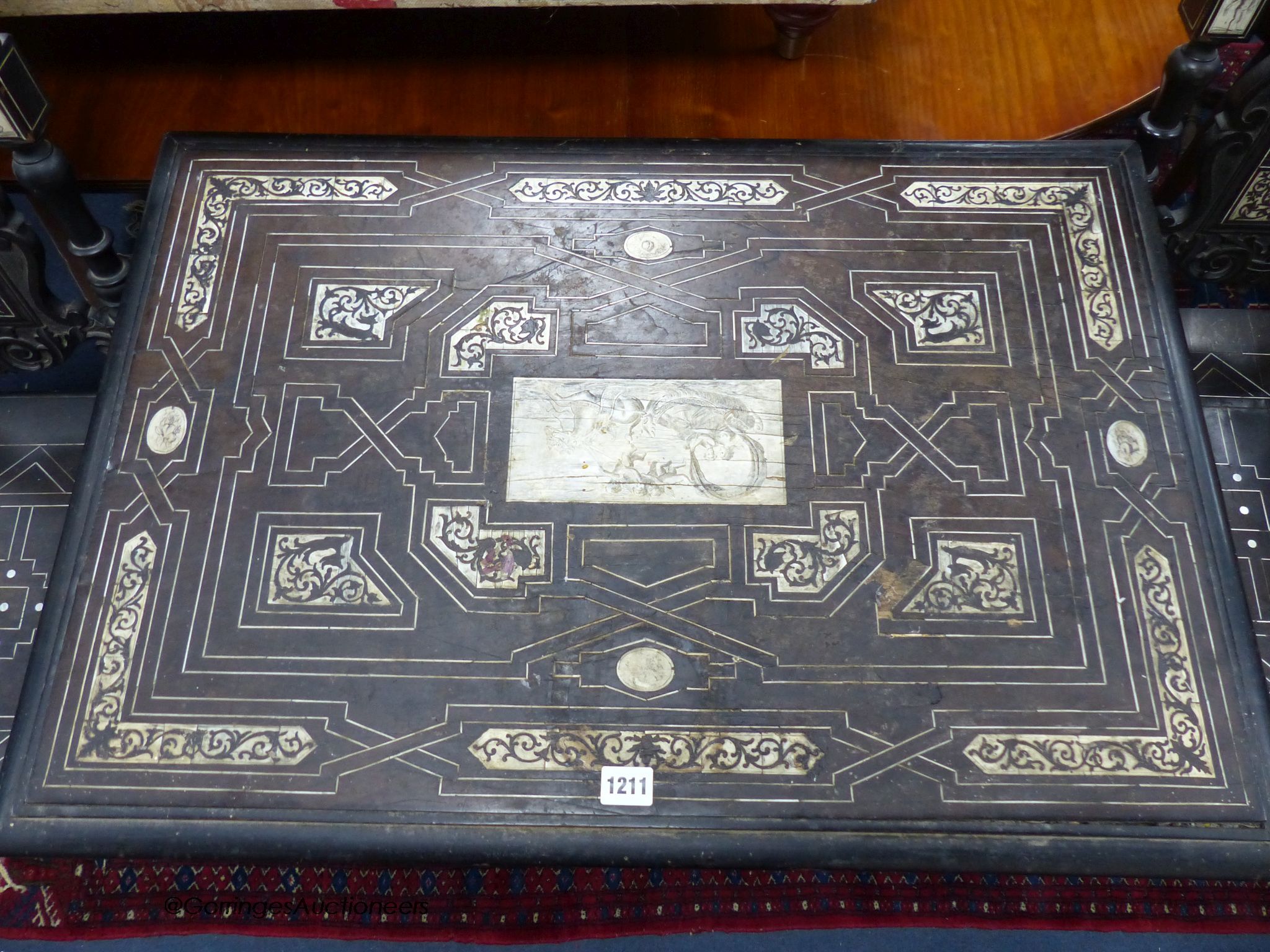 A pair of 19th century ivory inlaid ebony hall chairs and a similar table, table, W-80, D-56, H-75cm.